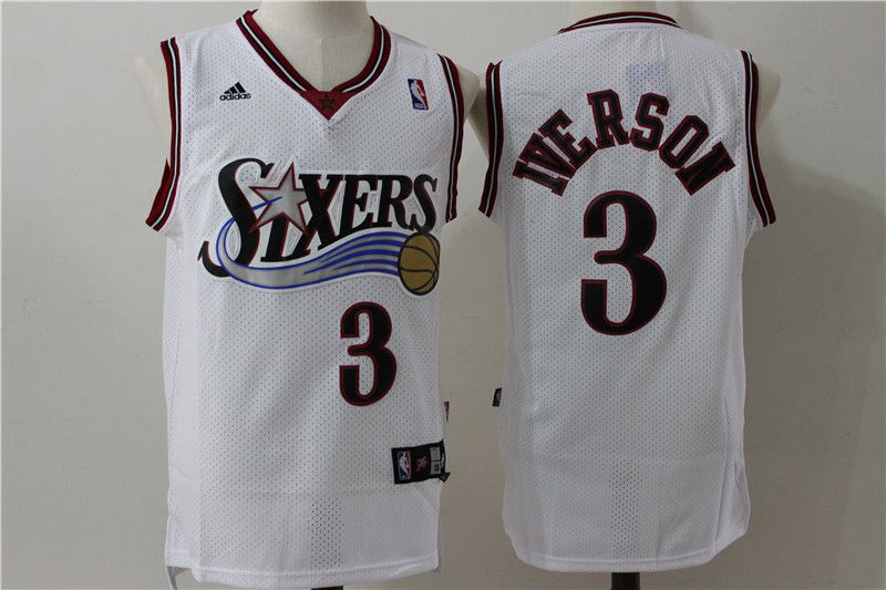 Men Philadelphia 76ers #3 Iverson White Throwback Adidas NBA Jersey